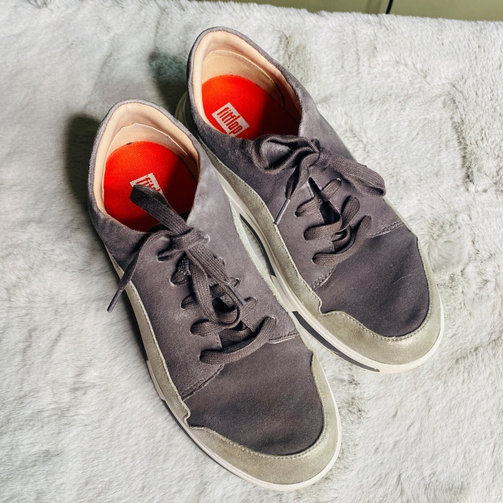 FitFlop Shoes Womens 8 Freya Gray Silver Suede Lace Up Casual Comfort Sneakers